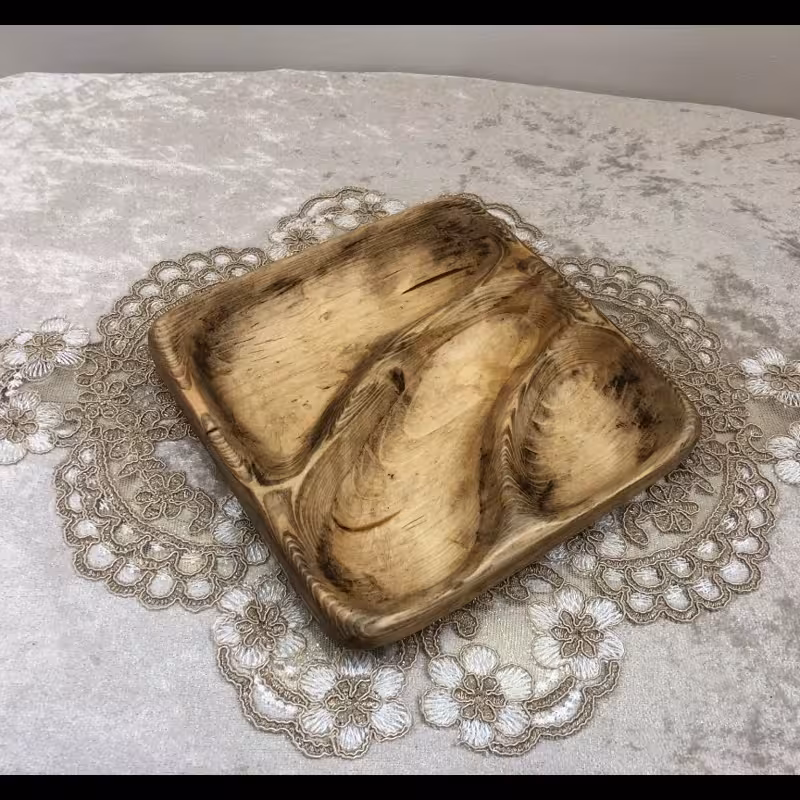 اردو خوری چوبی مربعی  سه قسمتی با چوب روس دوبل کد 2، ظرف سرو آشپزخانه