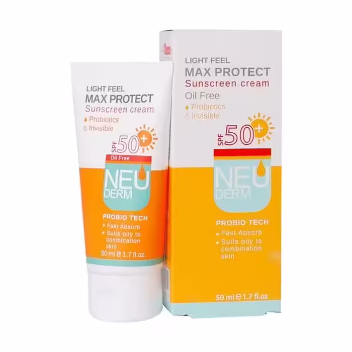 کرم ضدآفتاب  SPF50 مکس پروتکت پوست مختلط تا چرب بی‌رنگ نئودرم 50 میلی‌لیتر Neuderm