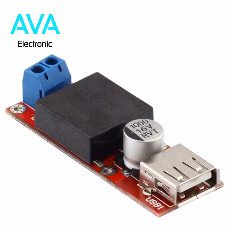 ماژول کاهنده، با ولتاژ متغییر 7 الی 24 ولت در ورودی و ولتاژ ثابت 5v خروجی USB