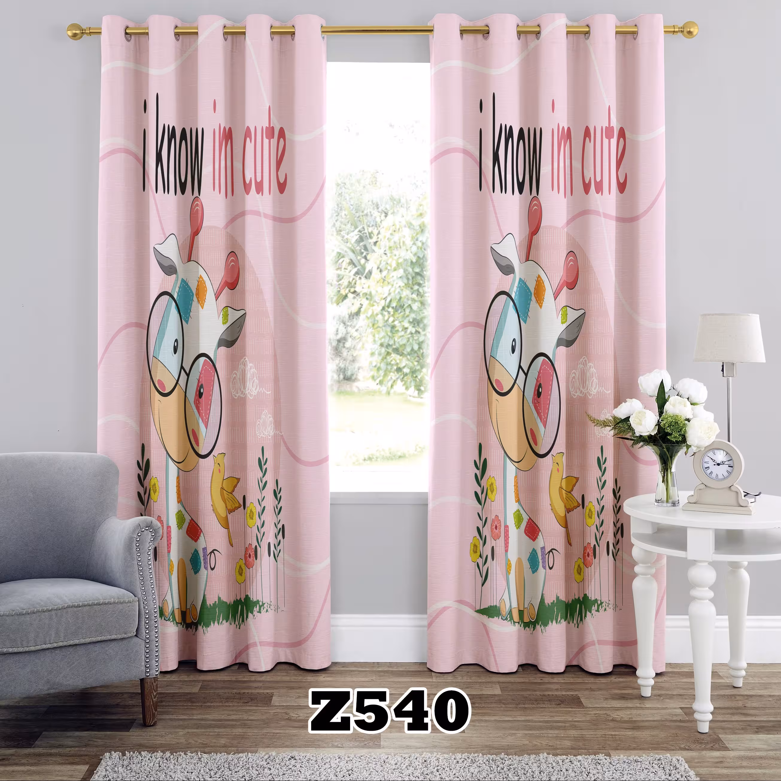 پرده چاپی طرح دخترانه صورتی کد Z540 تک قواره ارتفاع 300 عرض 140 سانت