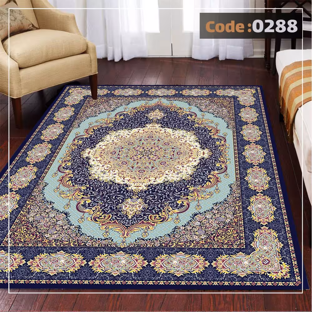 کاورفرش روفرشی دورکشدار گوشه لیفه ای لاکی ، آبی و متنوع کد 0288