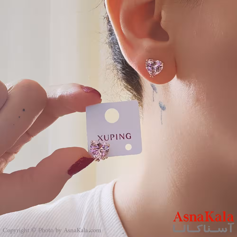 گوشواره میخی زنانه مدل قلب صورتی ژوپینگ کد GSH15894W