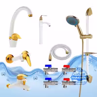 ست کامل 10 عددی شیرآلات آیدا صنعت، مدل قهرمان اردکی، شامل شیر ظرفشویی، روشویی پایه‌بلند، حمام، توالت، علم دوش یونیکا، شلنگ توالت، چهار عدد شیر پیسوار، رنگ سفید طلایی