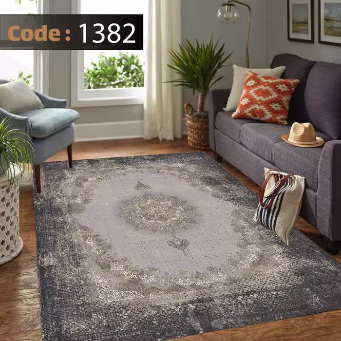 کاورفرش روفرشی دورکشدار گوشه لیفه ای طوسی کرم کد 1382
