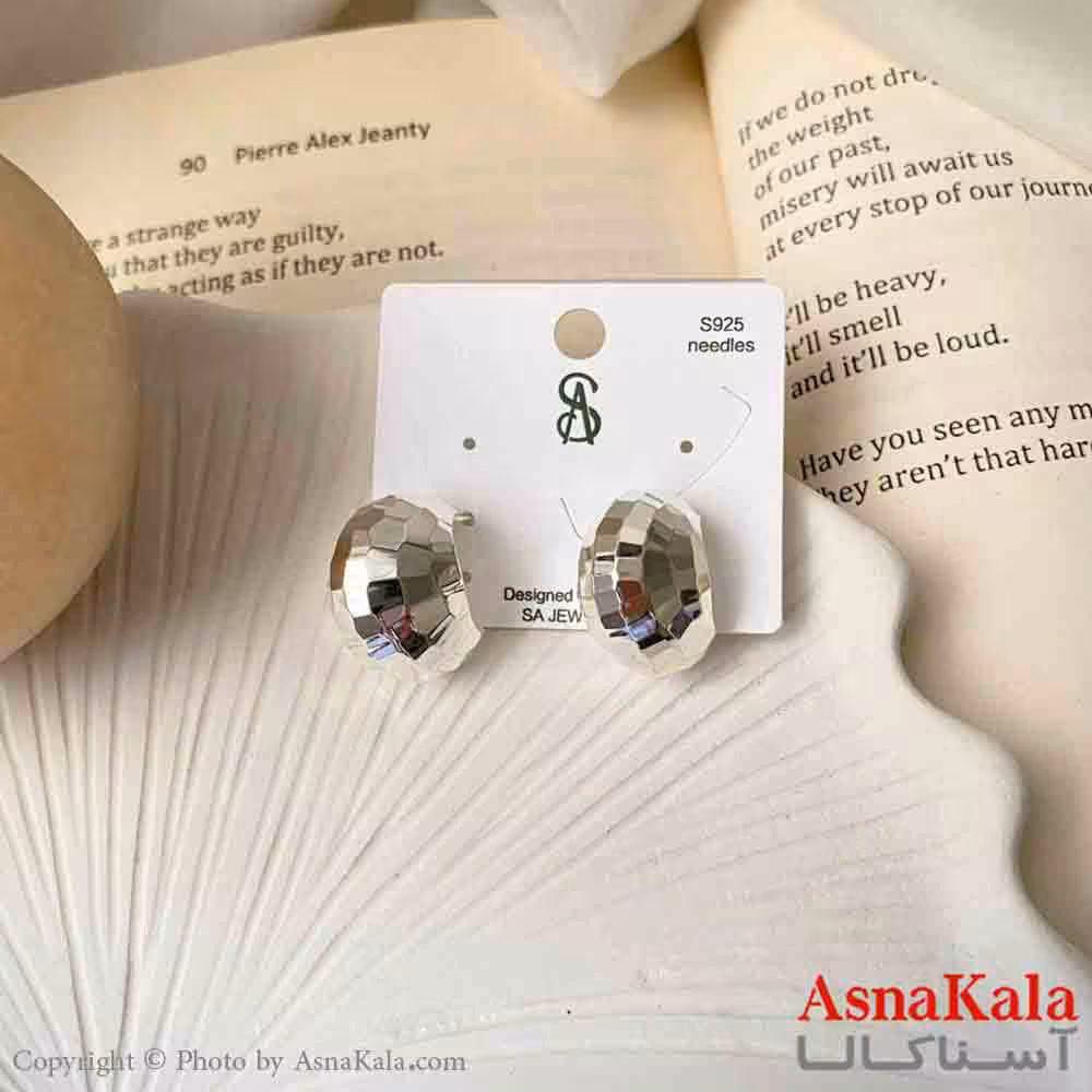 گوشواره استیل مینیمال زنانه مدل منحنی تراشدار نقره ای میخ نقره با آبکاری کد GSH151605W