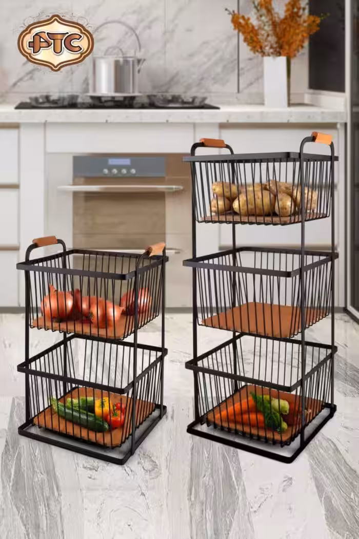 سبد سیب زمینی پیاز کروم 2 طبقه و 3 طبقه مشکی کف چوب دسته از بغل