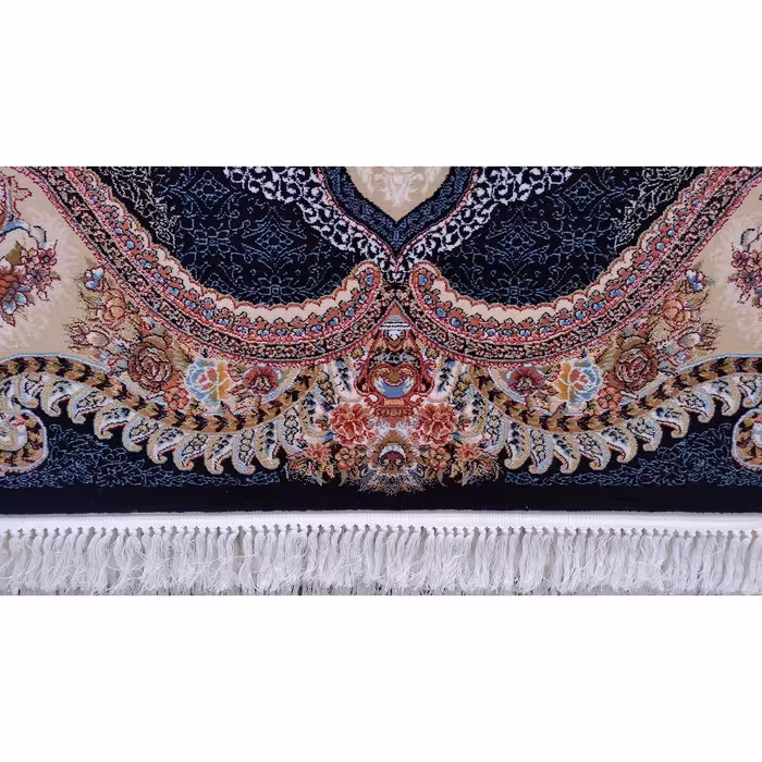 فرش ماشینی زمرد مشهد مدل گلنما زمینه سرمه ای