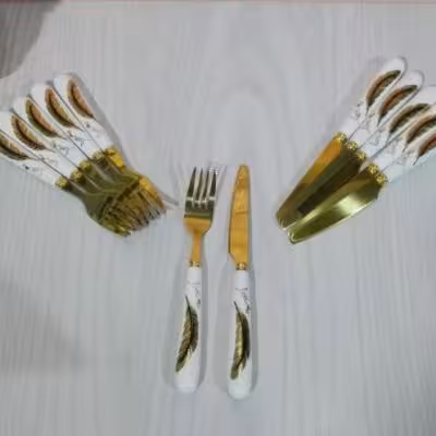 کارد و چنگال میوه خوری دسته سرامیک طلایی پر