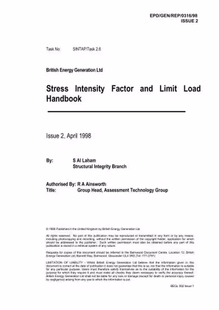 خرید و دانلود نسخه کامل کتاب Stress Intensity Factor and Limit Load Handbook, EPD/GEN/REP/0316/98 ISSUE 2, British Energy Generation Ltd