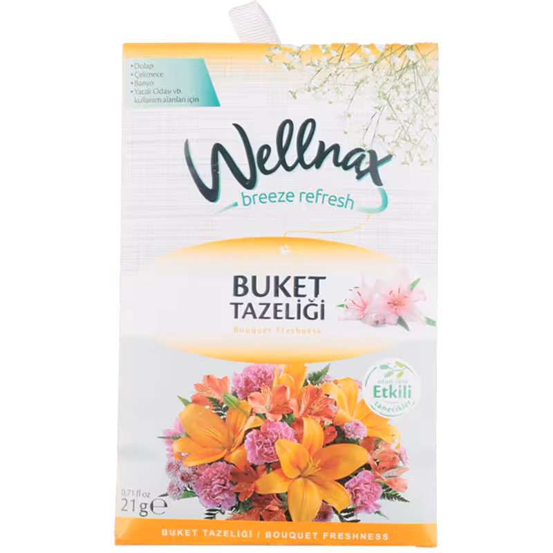 پودر خوشبو کننده کمد لباس ولناکس Wellnax رایحه دسته گل BUKET TAZELIGI حجم 21 گرم