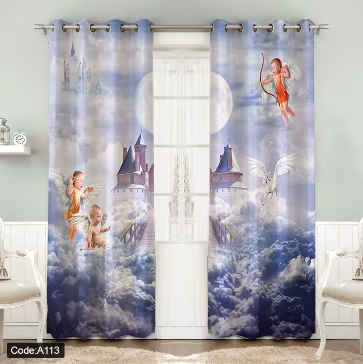 پرده پانچی مخمل چاپی دخترانه کد 113