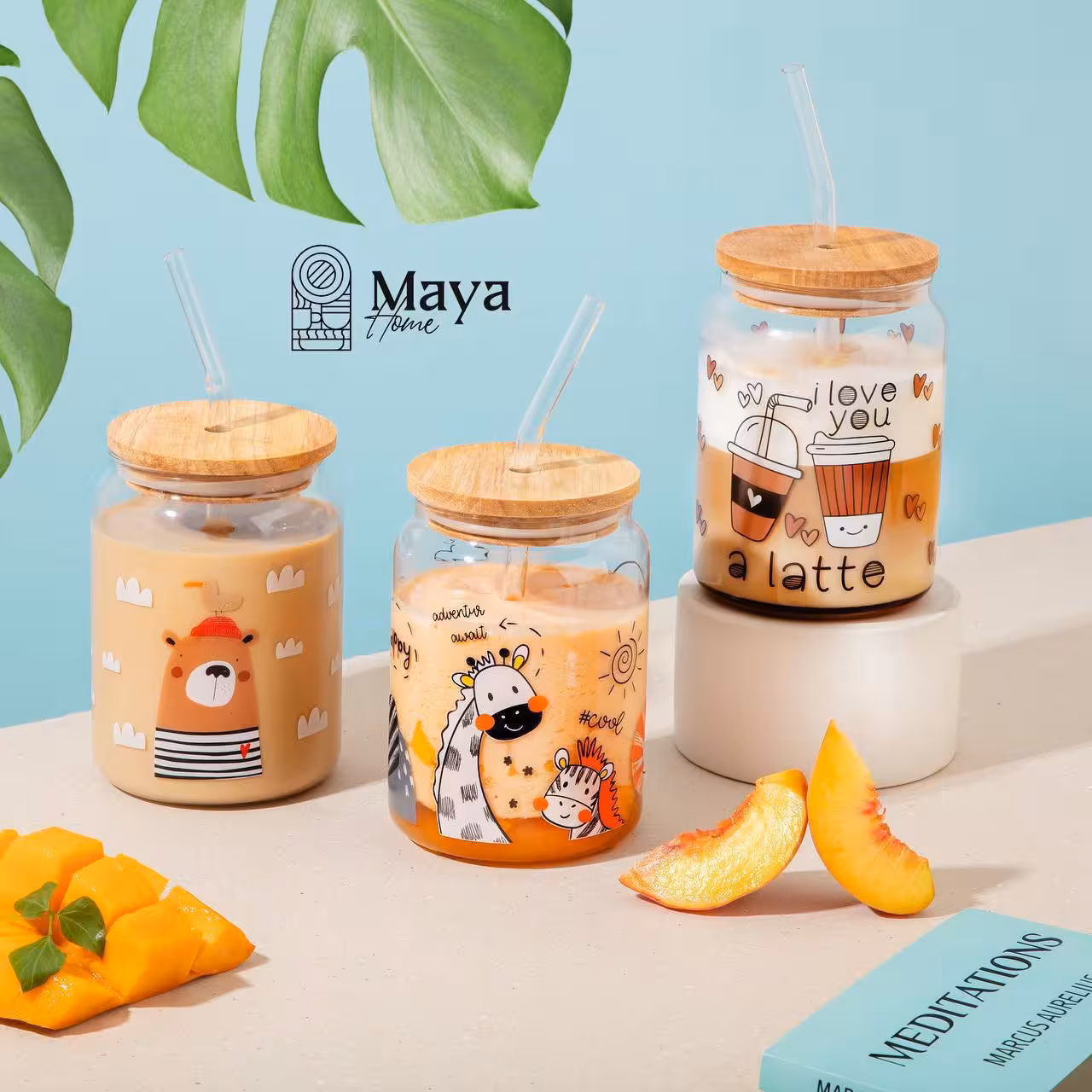 لیوان اسموتی مایا طرح حیوانات Maya درب چوبی نی دار