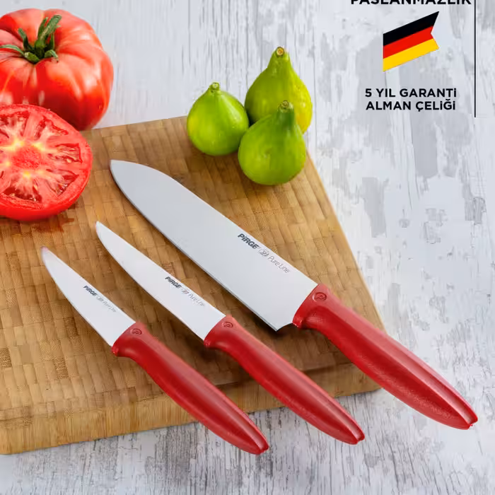 ست چاقوی آشپزخانه Pirge مدل Pure Line | شامل 3 عدد چاقوی فولادی ضدزنگ | طراحی خوش‌ دست و سبک | مناسب برای برش، خرد کردن و آماده‌ سازی انواع مواد غذایی | قابل شست‌ و شو دستی | انتخابی مناسب برای استفاده‌ روزمره در آشپزخانه