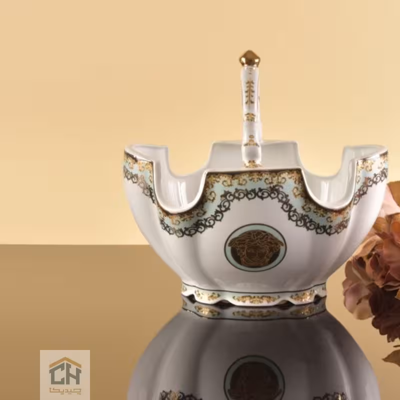 کشکول چینی دسته دار طرح ورساچه فیروزه ای مدل FP141