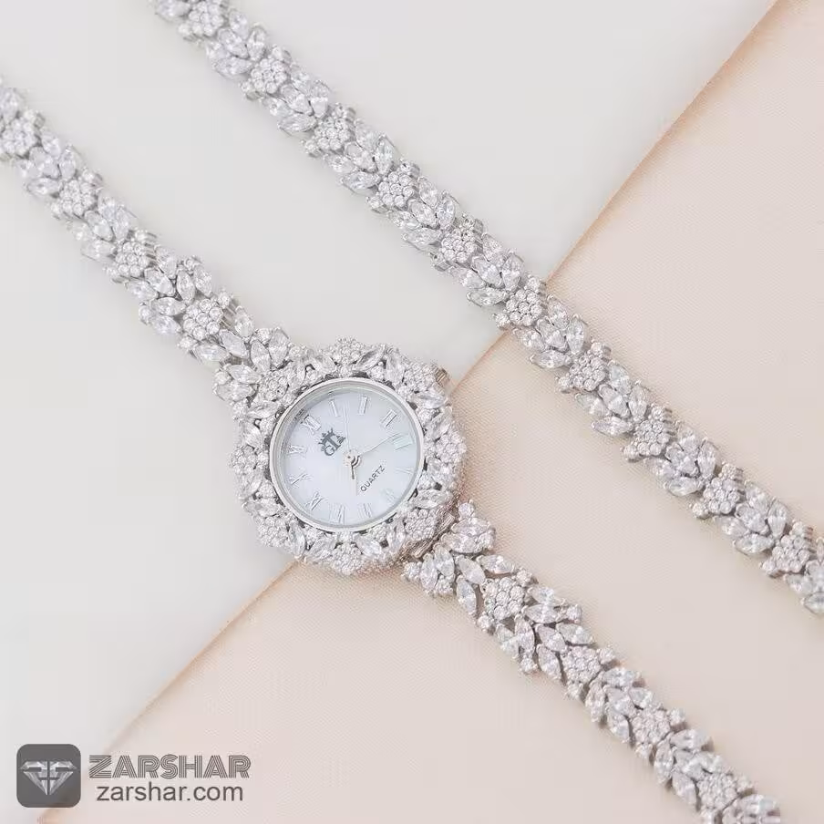 ست ساعت نقره و دستنبد طرح بهار 2