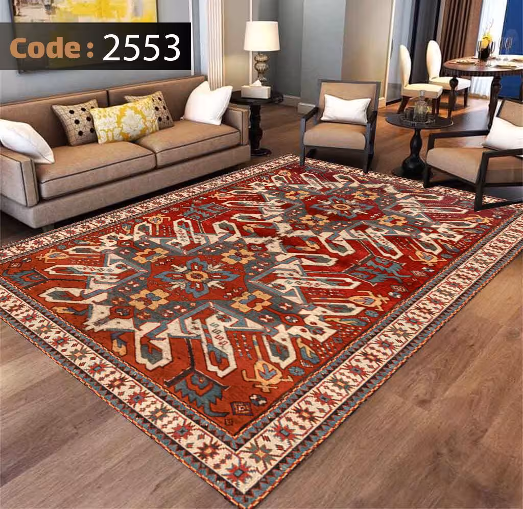 کاورفرش روفرشی دورکشدار گوشه لیفه ای لاکی ، آبی و متنوع کد 2553