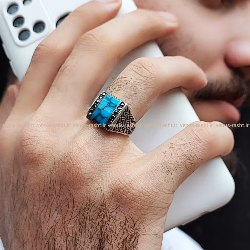 انگشتر نقره مردانه با سنگ فیروزه چینی کد 2343