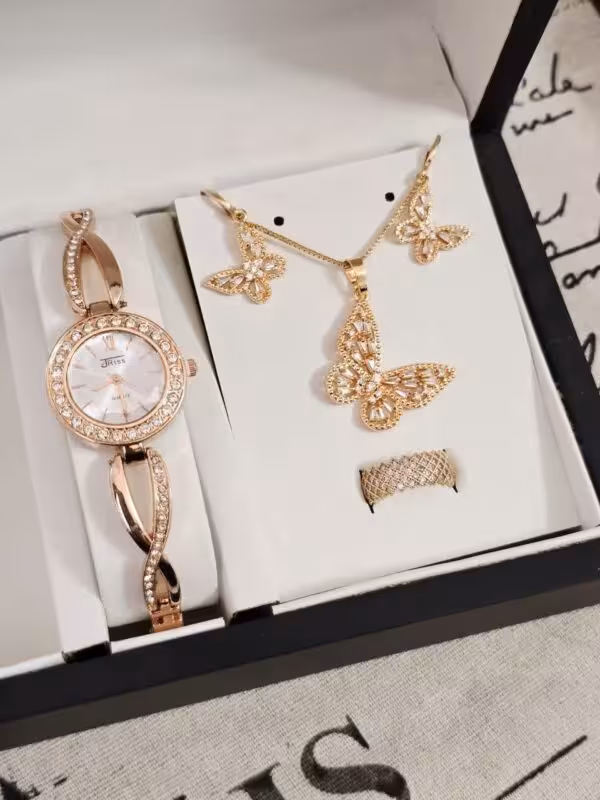 ست ساعت مچی عقربه ای زنانه و دخترانه و نیم ست پروانه و انگشتر نگینی