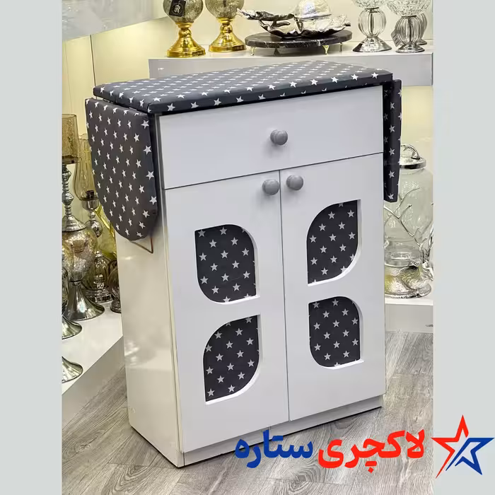 میز اتو و جای چرخ خیاطی طرح پروانه سفید و طوسی تمام ام دی اف