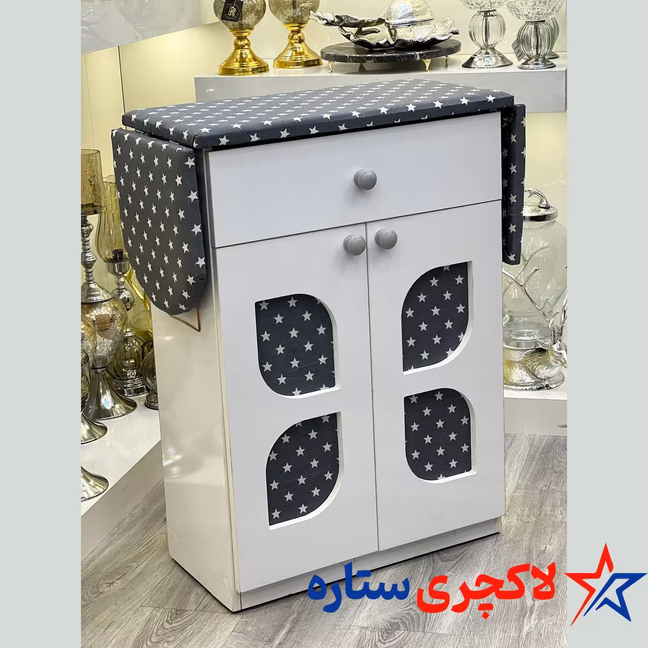 میز اتو و جای چرخ خیاطی طرح پروانه سفید و طوسی تمام ام دی اف