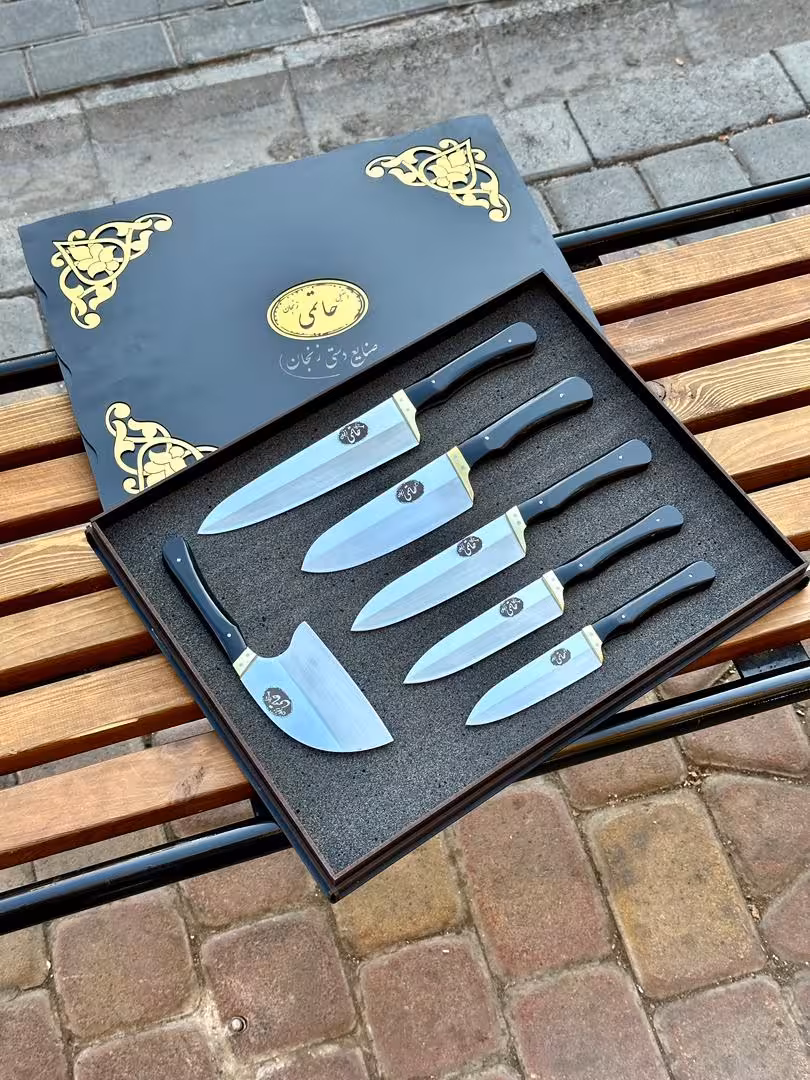 ست 6 تکه ی چاقو آشپزخانه حاتمی بهمراه ساطور برش استیل ضد زنگ دسته فیبر نسوز با جعبه