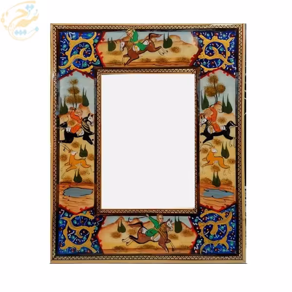آینه دکوراتیو خاتم کاری دورنقاشی شکار برجسته