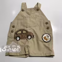 پیشبندی کتان کوتاه بهار طرح ماشین و جیب کوچک کرم روشن