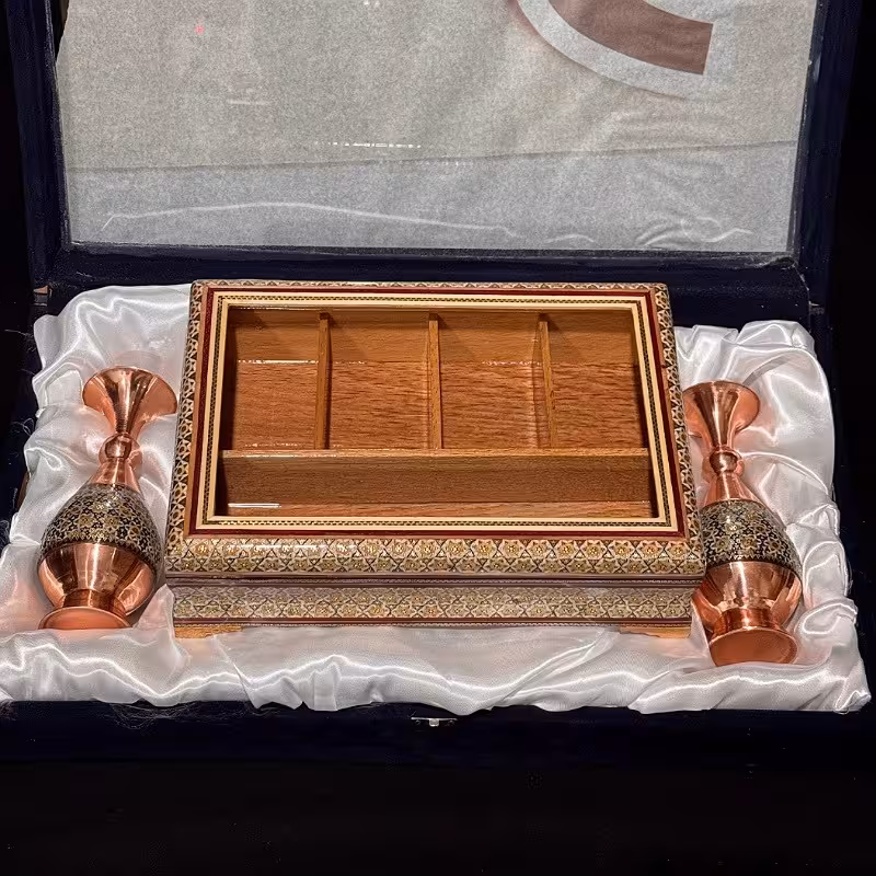 پک هدیه جفت گلدان و جعبه دمنوش خاتم کاری