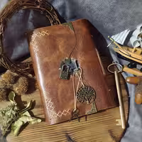 دفتر چرمی  19 در 14 با چرم گاوی افکتی رنگ فندقی ، 100 برگ ، قفلدار ، با آویز درخت حیات 