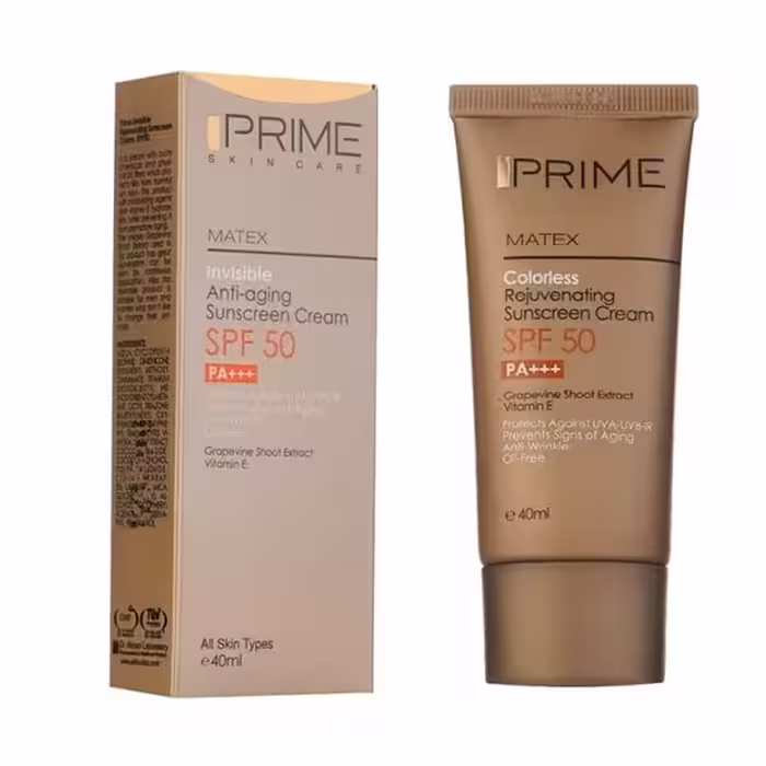 کرم ضد آفتاب SPF50 جوان کننده بی رنگ پرایم 40 میلی لیتر | PRIME Matex anti aging Oil Free Sunscreen Cream SPF 50 40ml