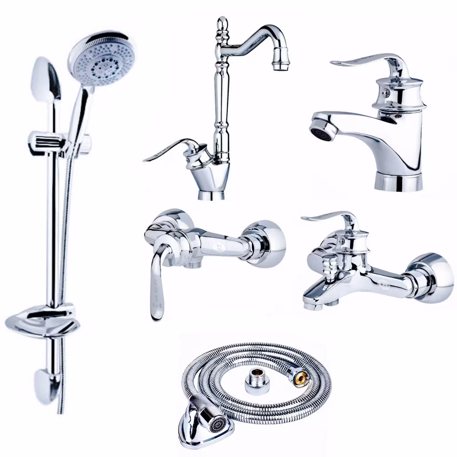 ست شیرآلات رز مدل هلن پلاس مجموعه 6 عددی کروم به همراه علم دوش حمام و شلنگ سرویس بهداشتی 