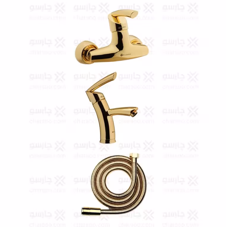 ست دو تکه شیرآلات درخشان مدل تاپ طلایی و شلنگ درخشان