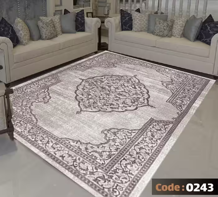 کاورفرش روفرشی دورکشدار گوشه لیفه ای طوسی کرم کد 0243