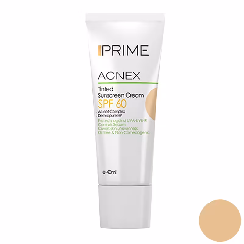کرم ضد آفتاب رنگی بژ روشن پرایم مدل Acnex Tinted Light Beige SPF 60 مناسب پوست مختلط تا چرب حجم 40 میلی لیتر