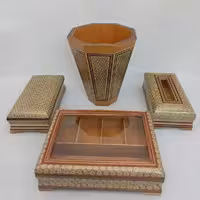 ست جعبه تی بگ، سطل و جادستمال و کارد خاتم کاری مدل تخمه دار