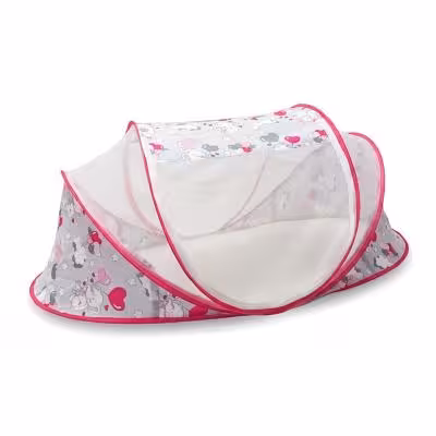 پشه بند کودک سه فنره طرح کمپ جعبه ای ( BABYS WORLD ) آلبالویی