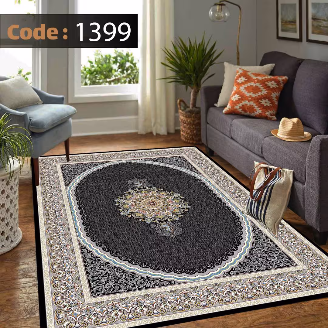 کاورفرش روفرشی دورکشدار گوشه لیفه ای طوسی کرم کد 1399