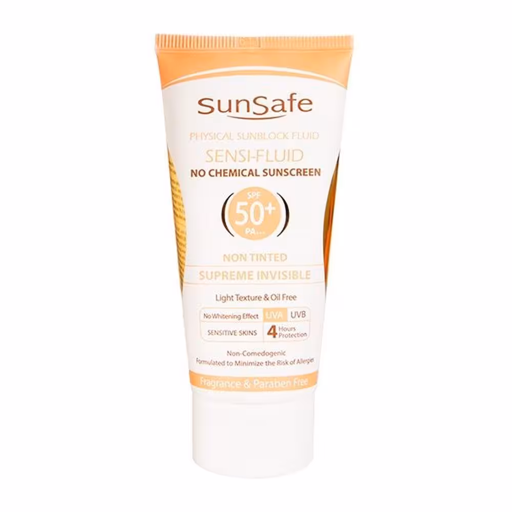 فلوئید ضد آفتاب فیزیکال SPF50 سان سیف (مناسب پوست حساس)
