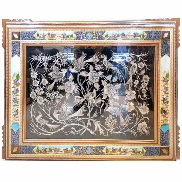 تابلو قلمزنی با قاب خاتم کاری چوگان صلیب 70در90