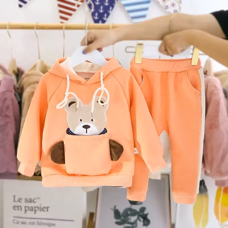 ست دوتیکه زمستانی کلاهدار با طرح خرس عروسکی