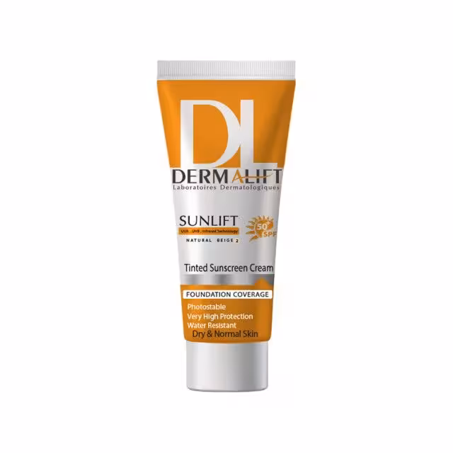 کرم ضد آفتاب رنگی درمالیفت مدل SPF50 محافظ UVA ،UVB، ضد آب، مناسب پوست خشک بژ طبیعی شماره 2 حجم 40 میلی‌لیتر