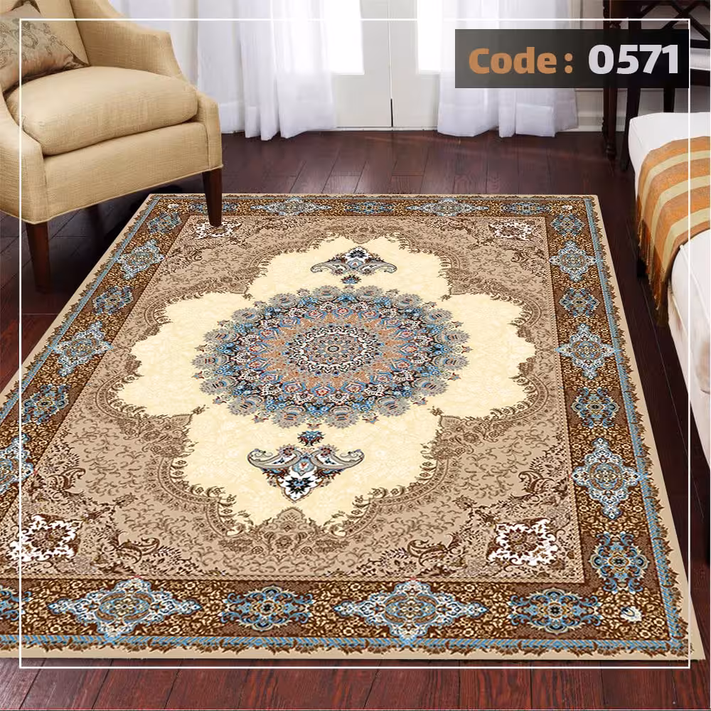 کاورفرش روفرشی دورکشدار گوشه لیفه ای کرم  قهوه ای کد 0571