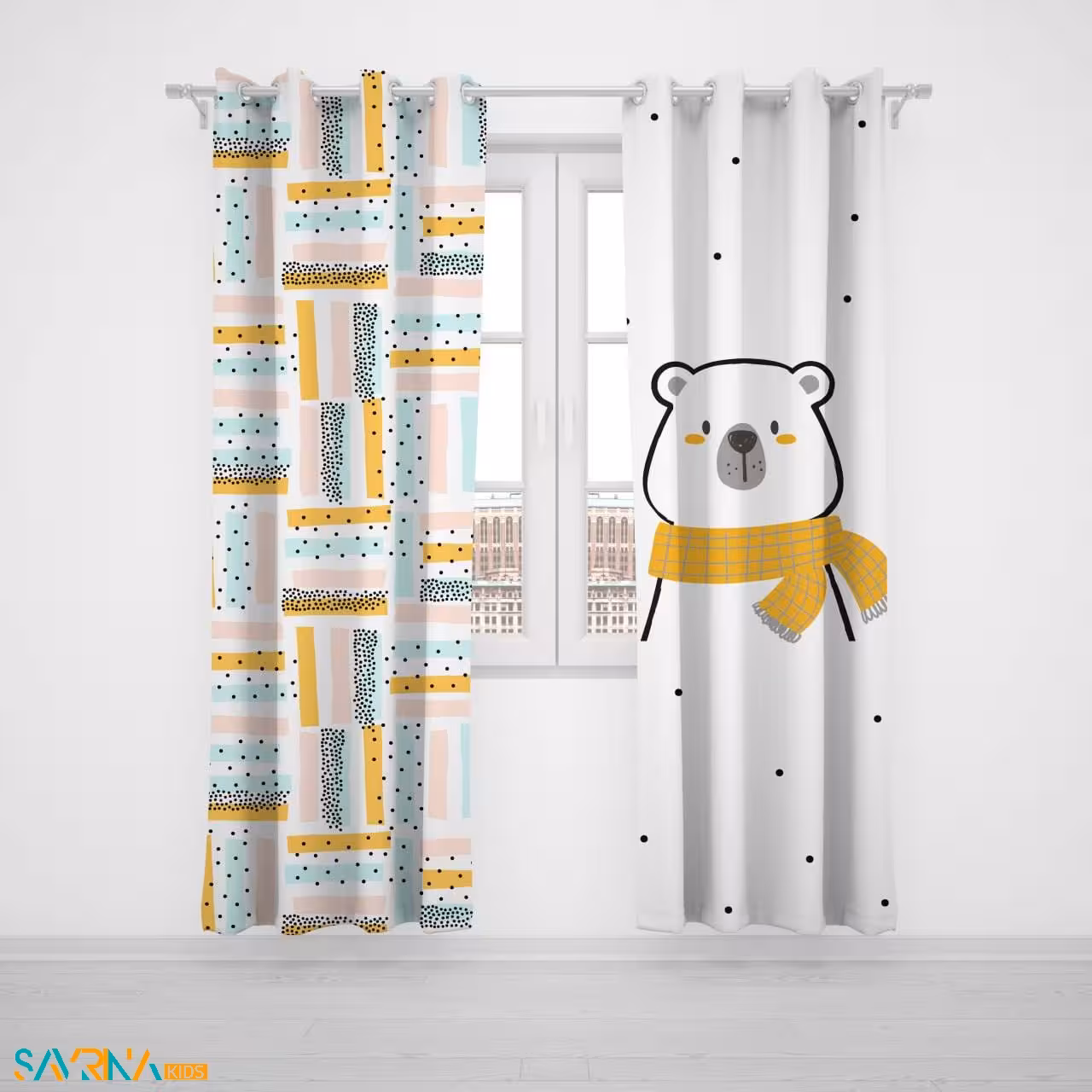 پرده پنلی بچگانه طرح خال خالی رنگی کد A3055