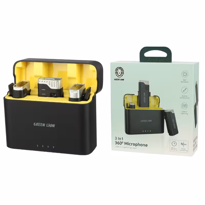 میکروفون یقه ای دوتایی وایرلس گرین لاین مدل GN3IN1MIC360D با رابط تایپ سی، لایتنینگ و جک 35 میلی متری صدا