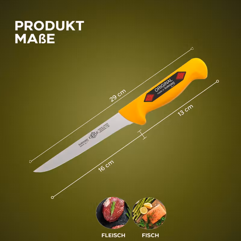 چاقوی استخوان‌گیری حرفه‌ای Eikaso | برند زولینگن (SolingenGermany) | ساخت آلمان | تیغه فولادی ضدزنگ 13 سانتی‌متری | طول کلی 26 سانتی‌متر | رنگ زرد | طراحی ارگونومیک | مناسب برای قصابی، کشتارگاه و آشپزخانه حرفه‌ای | مناسب برش دقیق گوشت