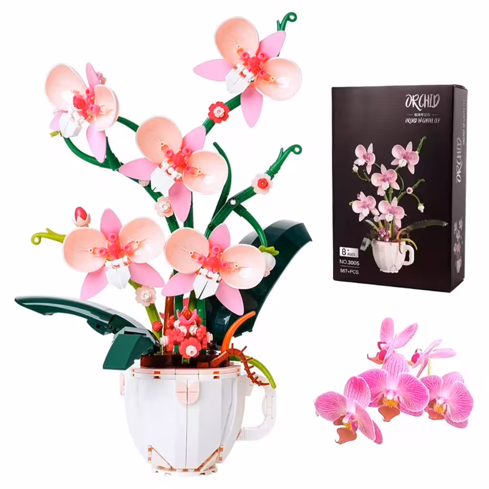 لگو طرح گل ارکیده مدل Rochid In Coffee Cup کد 3005، 567 قطعه، همراه با گلدان و گل های ارکیده سفید صورتی