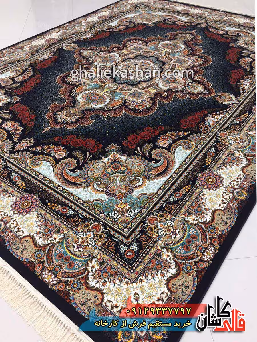 فرش 1000 شانه طرح ستاره زمینه سرمه ای کاشان