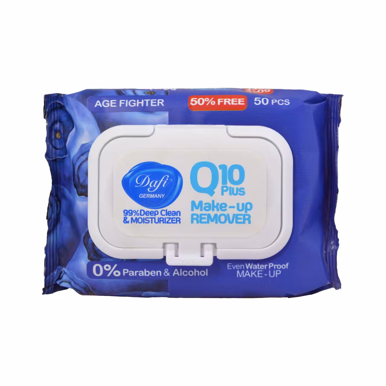 دستمال مرطوب پاک کننده آرایش چشم و صورت دافی 50 عددی مدل Q10 plus