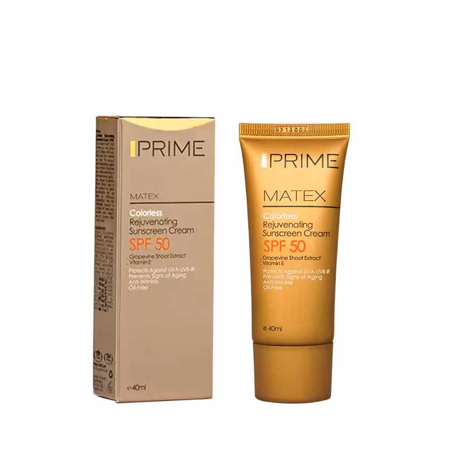 کرم ضد آفتاب جوان کننده پریم مدل Matex Colorless SPF 50 حجم 40 میلی لیتر