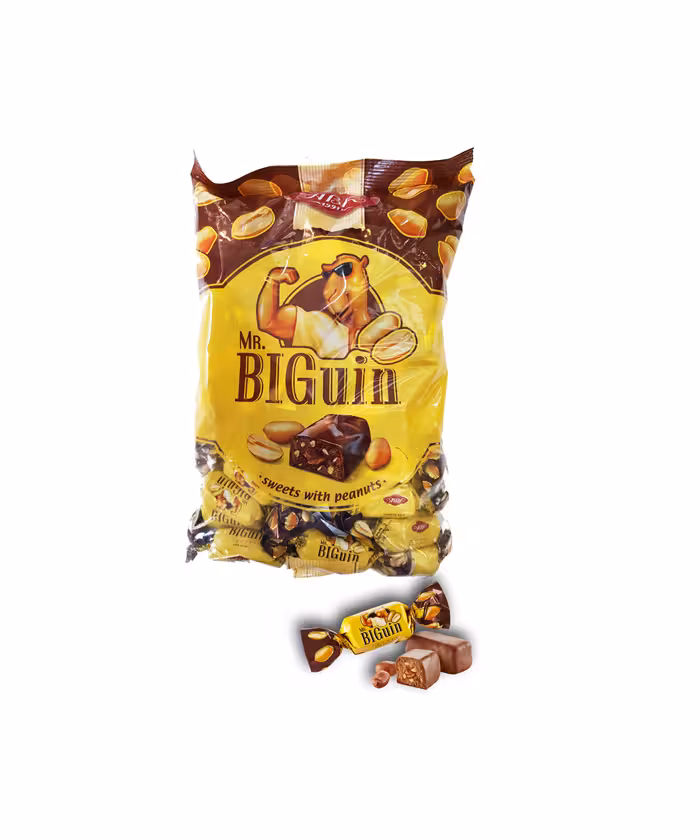 شکلات مستر بیگویین ABK با مغز بادام زمینی و کارامل و شیر شتر بسته 1 کیلویی